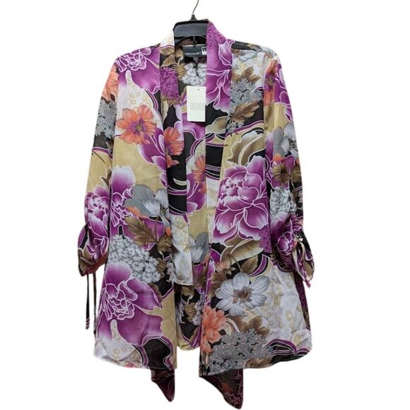 Anttony Size Large Purple Floral Cover Up Duster Kimono NEW Ruched Sleeves - Picture 1 of 5
